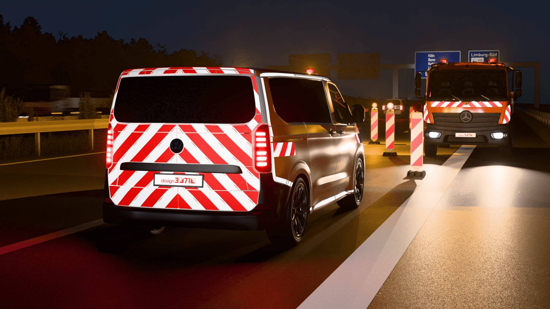 VW T7 und MB Atego auf einer Autobahnszene bei Tag 3D Rendering